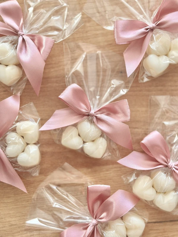 Mydełka serduszka w celofanie ze wstążką na PODZIĘKOWANIA - ślub, panieński, baby shower, chrzciny, chrzest, dla nauczycieli, urodziny, uroczystości, podziękowanie, I komunia święta