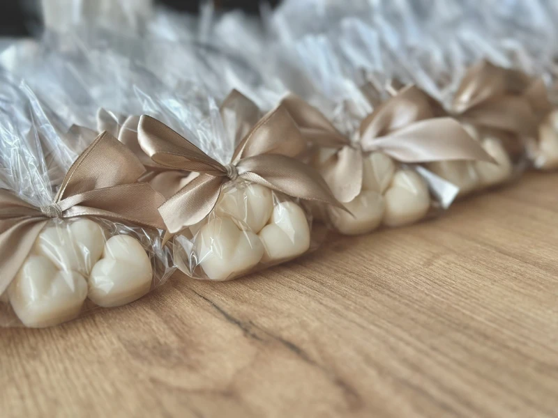 Mydełka serduszka w celofanie ze wstążką na PODZIĘKOWANIA - ślub, panieński, baby shower, chrzciny, chrzest, dla nauczycieli, urodziny, uroczystości, podziękowanie, I komunia święta