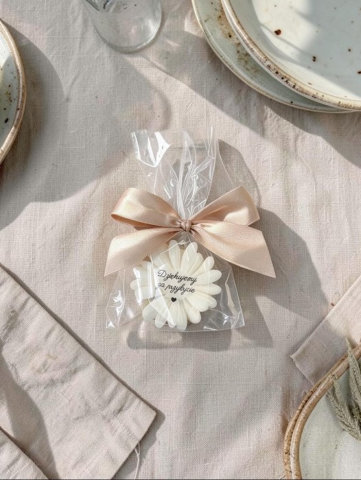 Mydełko stokrotka w celofanie ze wstążką możliwość PERSONALZACJI na PODZIĘKOWANIA - ślub, panieński, baby shower, chrzciny, dla nauczycieli, urodziny i inne uroczystości, podziękowanie naklejka GRATIS (id: 324)