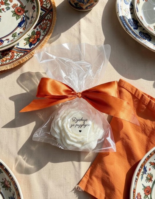 Mydełko piwonia w celofanie ze wstążką na PODZIĘKOWANIA - możliwość PERSONALIZACJI - ślub, panieński, baby shower, chrzciny, urodziny i inne uroczystości, podziękowanie naklejka GRATIS