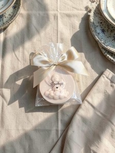 Mydełko aniołek na chmurce w celofanie ze wstążką na PODZIĘKOWANIA - możliwość PERSONALIZACJI - ślub, panieński, baby shower, chrzciny, urodziny i inne uroczystości, podziękowanie - gotowa naklejka gratis