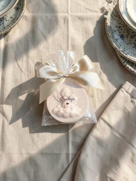 Mydełko aniołek na chmurce w celofanie ze wstążką na PODZIĘKOWANIA - możliwość PERSONALIZACJI - ślub, panieński, baby shower, chrzciny, urodziny i inne uroczystości, podziękowanie - gotowa naklejka gratis
