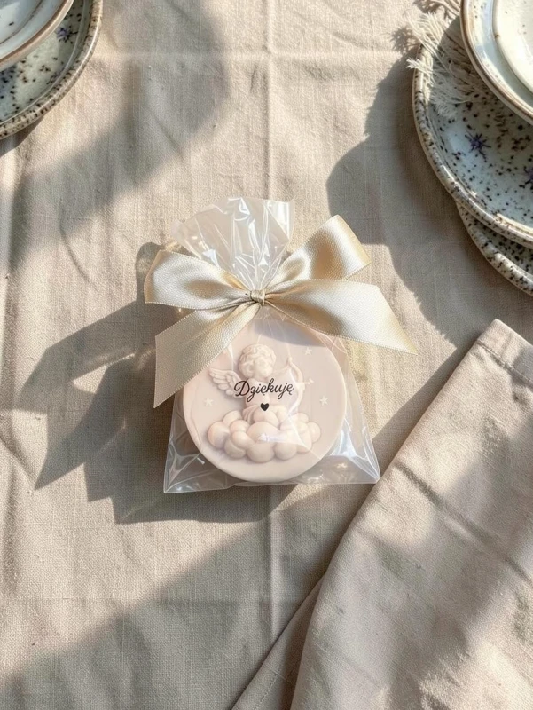 Mydełko aniołek na chmurce w celofanie ze wstążką na PODZIĘKOWANIA - możliwość PERSONALIZACJI - ślub, panieński, baby shower, chrzciny, urodziny i inne uroczystości, podziękowanie - gotowa naklejka gratis