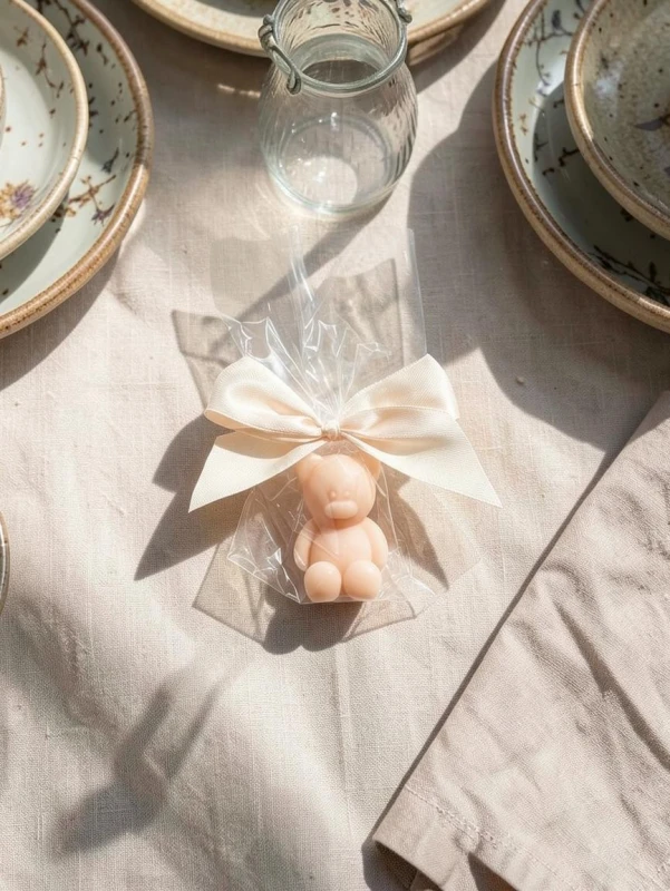 Mydełko mały miś w celofanie ze wstążką na PODZIĘKOWANIA - możliwość PERSONALIZACJI - ślub, panieński, baby shower, chrzciny, urodziny i inne uroczystości, podziękowanie
