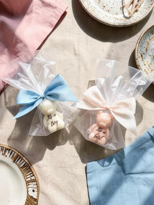 Mydełko mały miś w celofanie ze wstążką na PODZIĘKOWANIA - baby shower - it's a girl / it's a boy - gender reveal, narodziny dziecka, podziękowanie