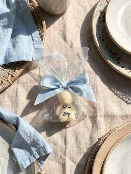Mydełko mały miś w celofanie ze wstążką na PODZIĘKOWANIA - baby shower - it's a girl / it's a boy - gender reveal, narodziny dziecka, podziękowanie