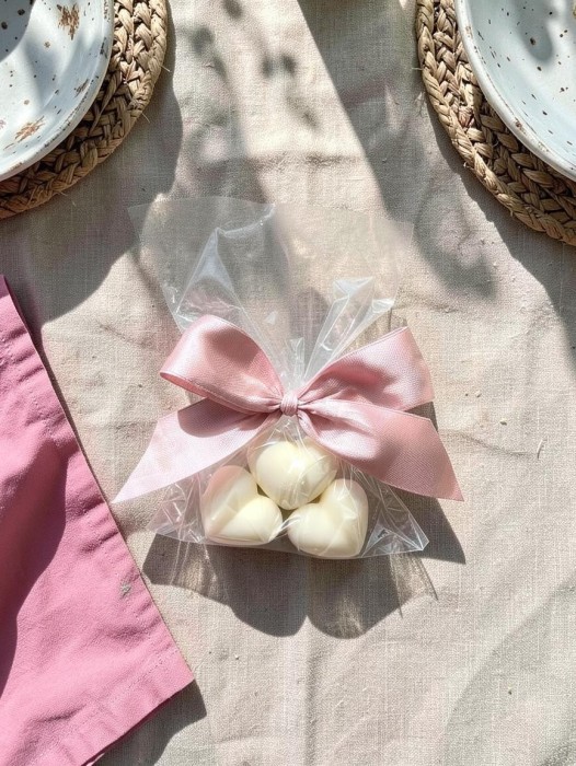 Mydełka serduszka w celofanie ze wstążką na PODZIĘKOWANIA - ślub, panieński, baby shower, chrzciny, dla nauczycieli, urodziny i inne uroczystości, podziękowanie